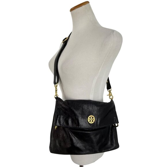 Tory Burch Black Leather Fold-Over Adjustable Strap Gold Tone Logo Crossbody Bag - Picture 11 of 16